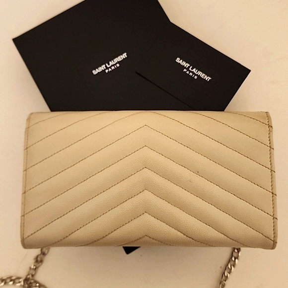 YSL Cloud Gray Caviar Flap Crossbody Large Purse Clutch WOC + Box - Picture 11 of 16